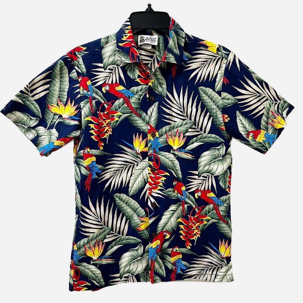 Aloha Republic Hawaiian Shirt Palms Macaw Parrots Size Small Made In U.S.A.
